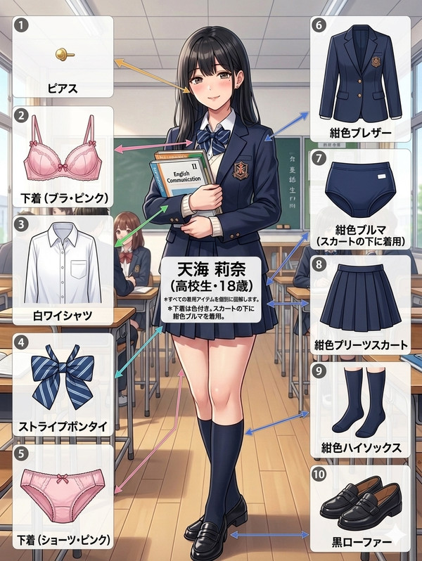 【天海 莉奈】（JK時代）の着用アイテム（下着含む）