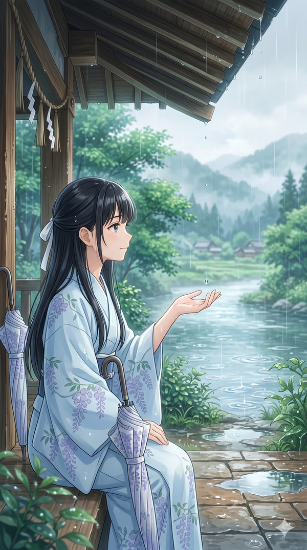 雨宿り和服少女