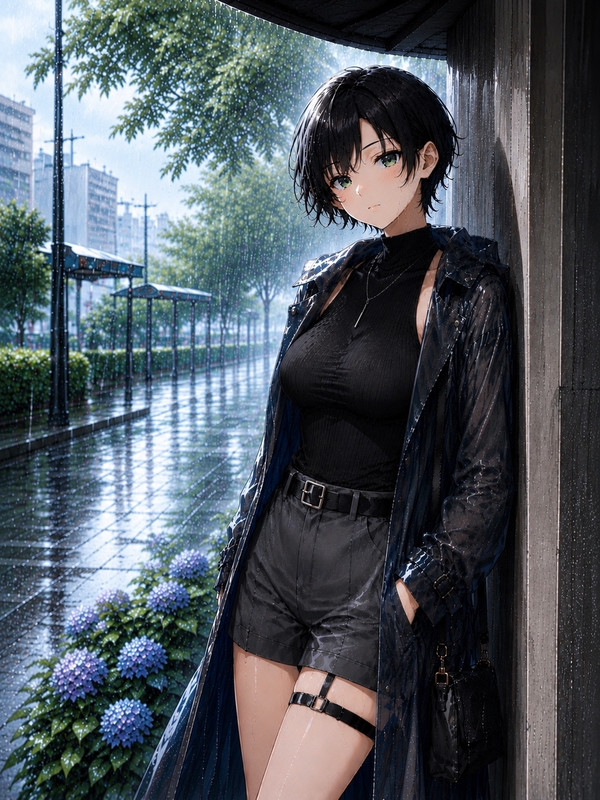 ボーイッシュちゃん_夜雨に佇む、黒のイケメン女子