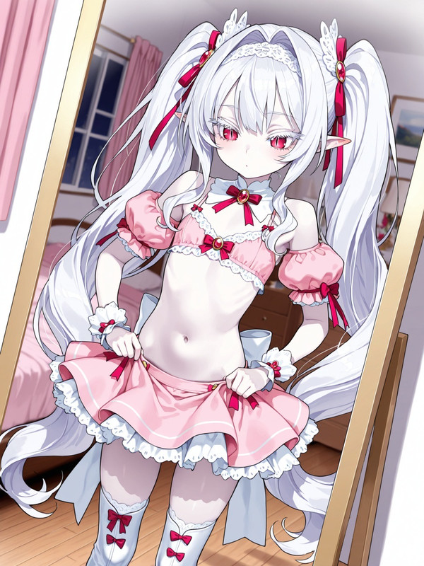 変身後の姿をチェックするへそ魔法少女