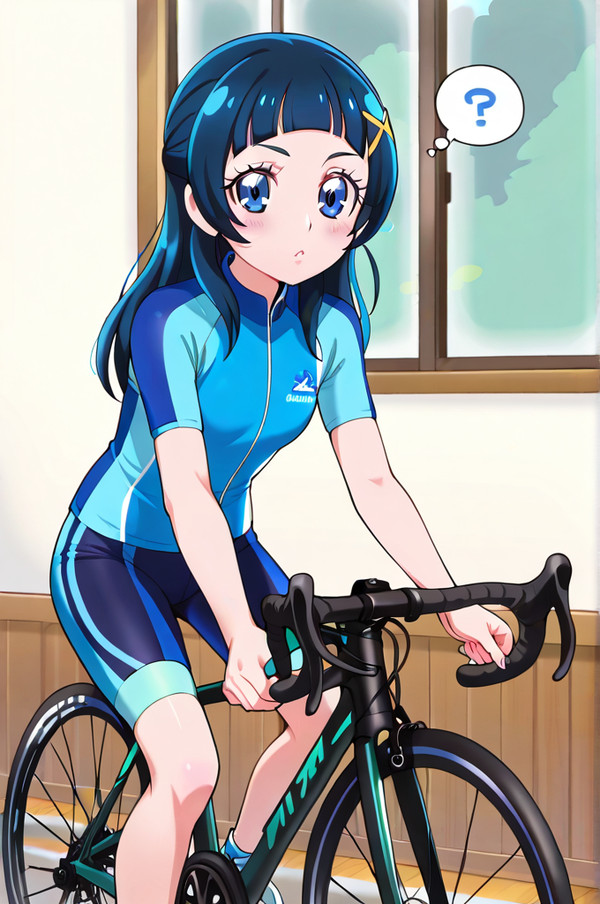 ロードバイク固定ローラー台に乗ってるも漕いでいなく「?」蒼風なな