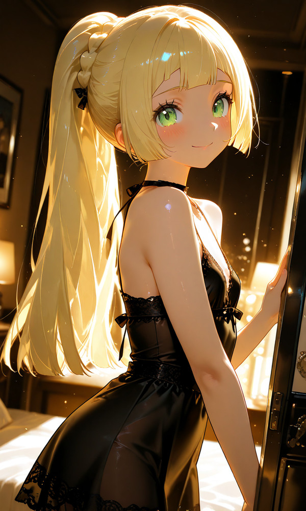 黒いキャミソールドレスのリーリエ