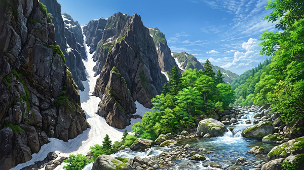 絶壁×雪渓×谷川