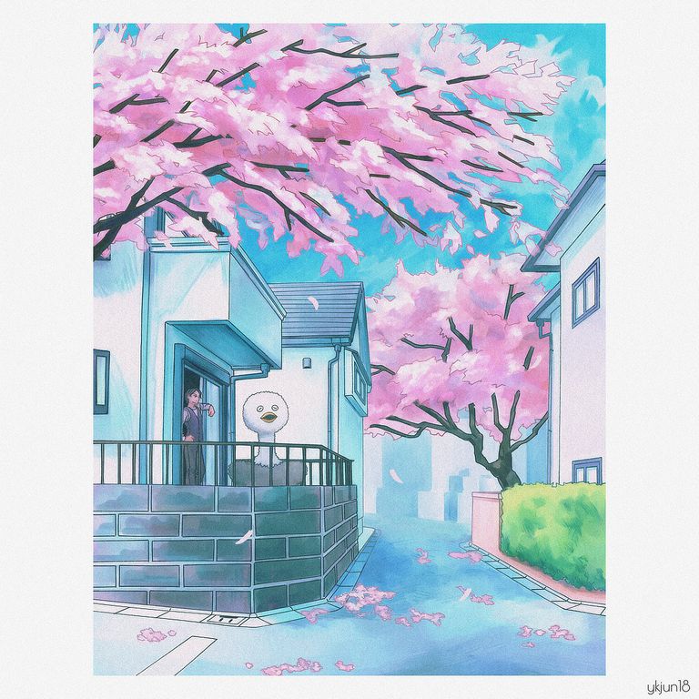 桜とダチョウ