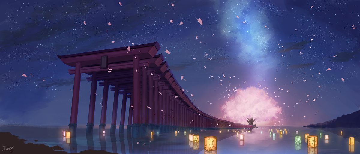 This is a pixiv picture whose title is 桜×鳥居×灯籠流し.