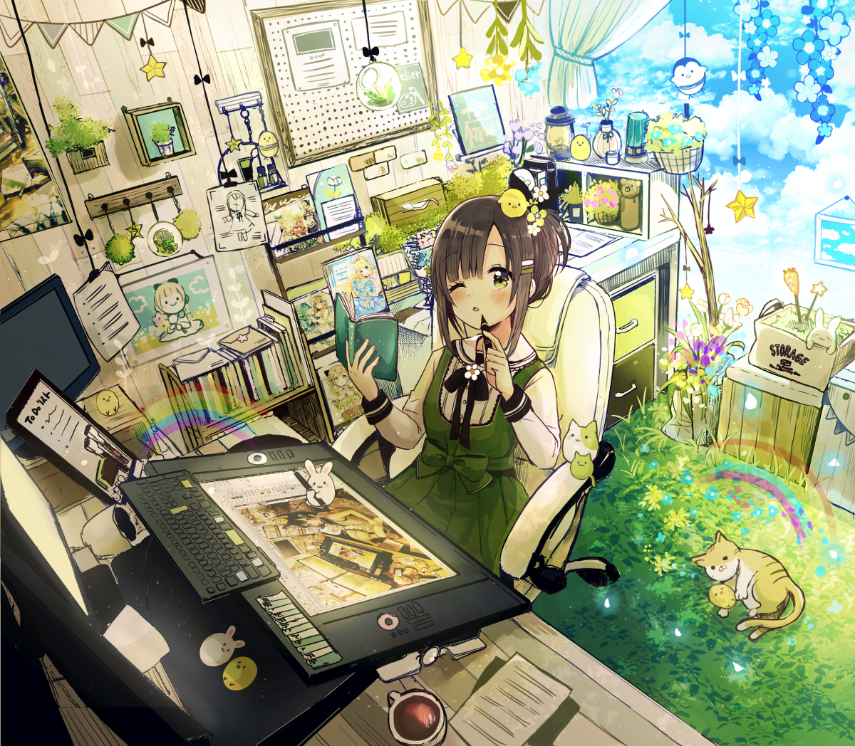 This is a pixiv picture whose title is 絵描き娘の作業部屋.