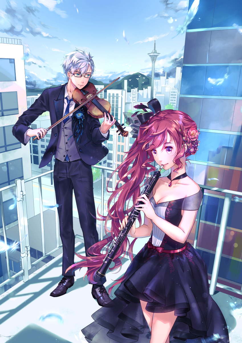 This is a pixiv picture whose title is 青空の下で　二人だけの演奏会.