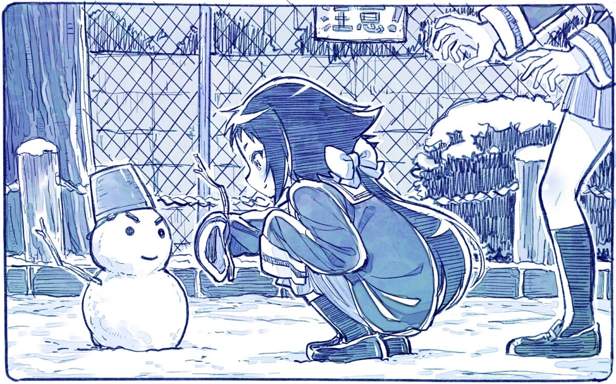 This is a pixiv picture whose title is 公園で雪だるまを作る真白.