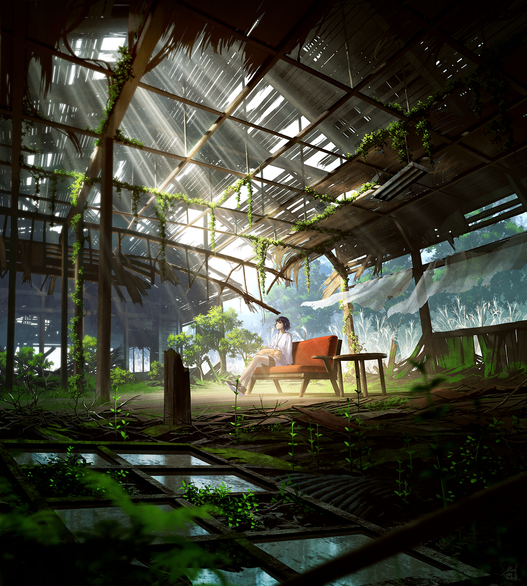 This is a pixiv picture whose title is 緑の部屋.