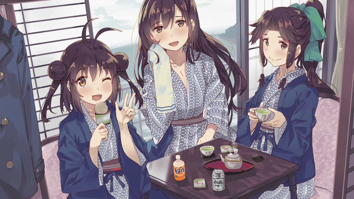 This is a pixiv picture whose title is 川内型三姉妹と温泉旅行.