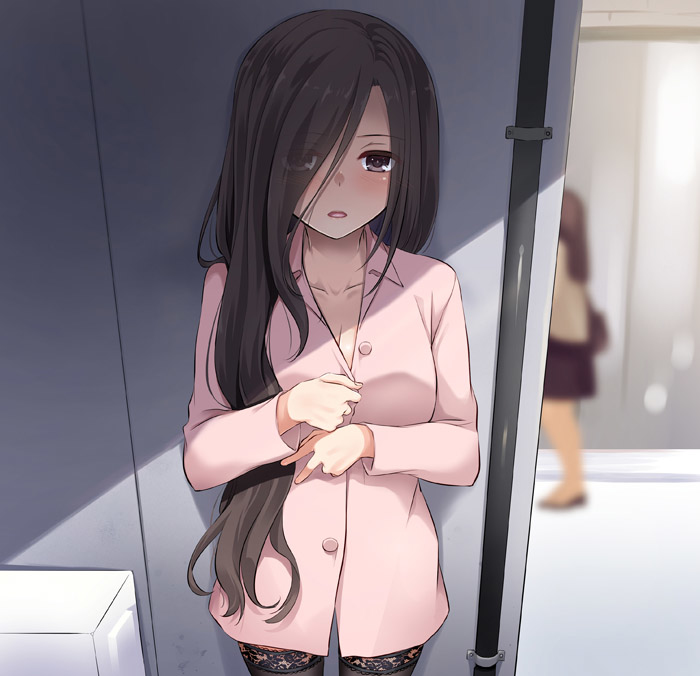 This is a pixiv picture whose title is 路地裏、ビルのスキマで、地味な彼女が.