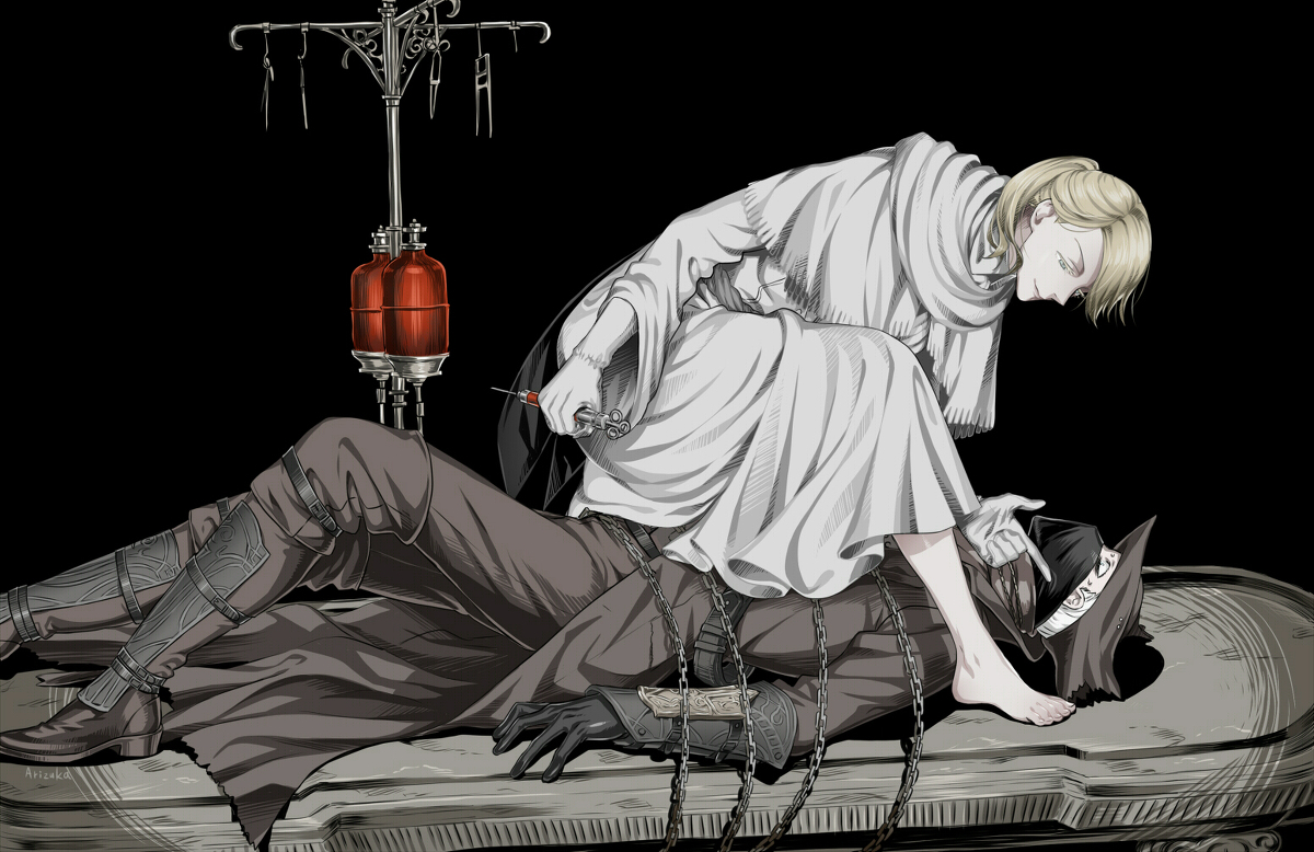 This is a pixiv picture whose title is 偽女医×狩人様.