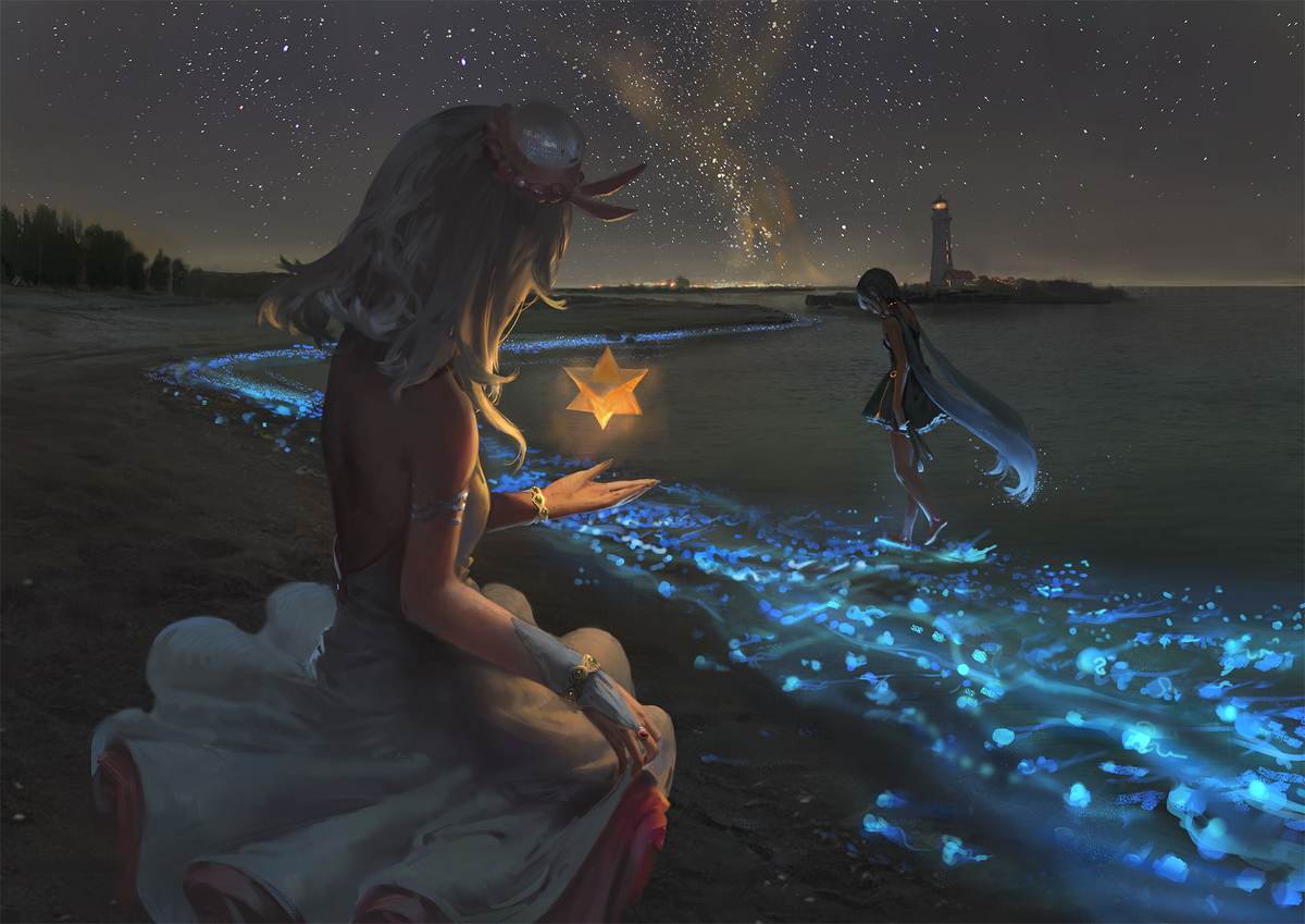 This is a pixiv picture whose title is 海伊和姐姐在海边的夜.