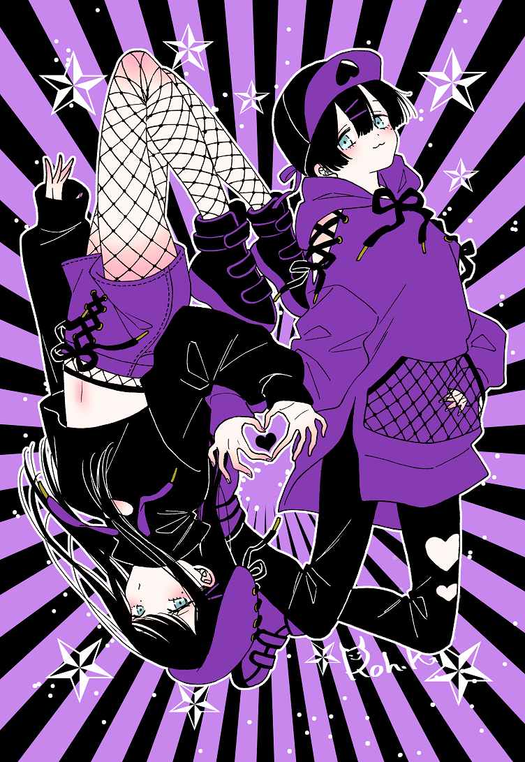 This is a pixiv picture whose title is 💜🖤×💗💜.