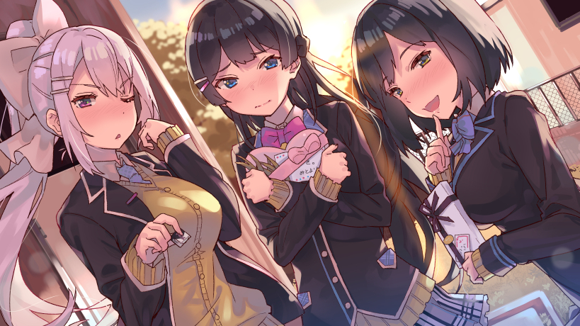 This is a pixiv picture whose title is 誰を選ぶかでルート分岐するJK組.
