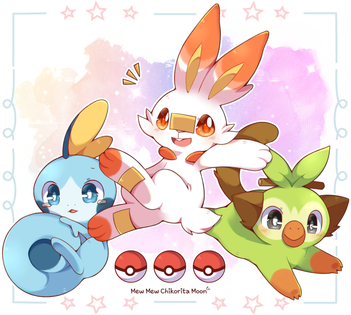 This is a pixiv picture whose title is Scorbunny, Sobble and Grookey.