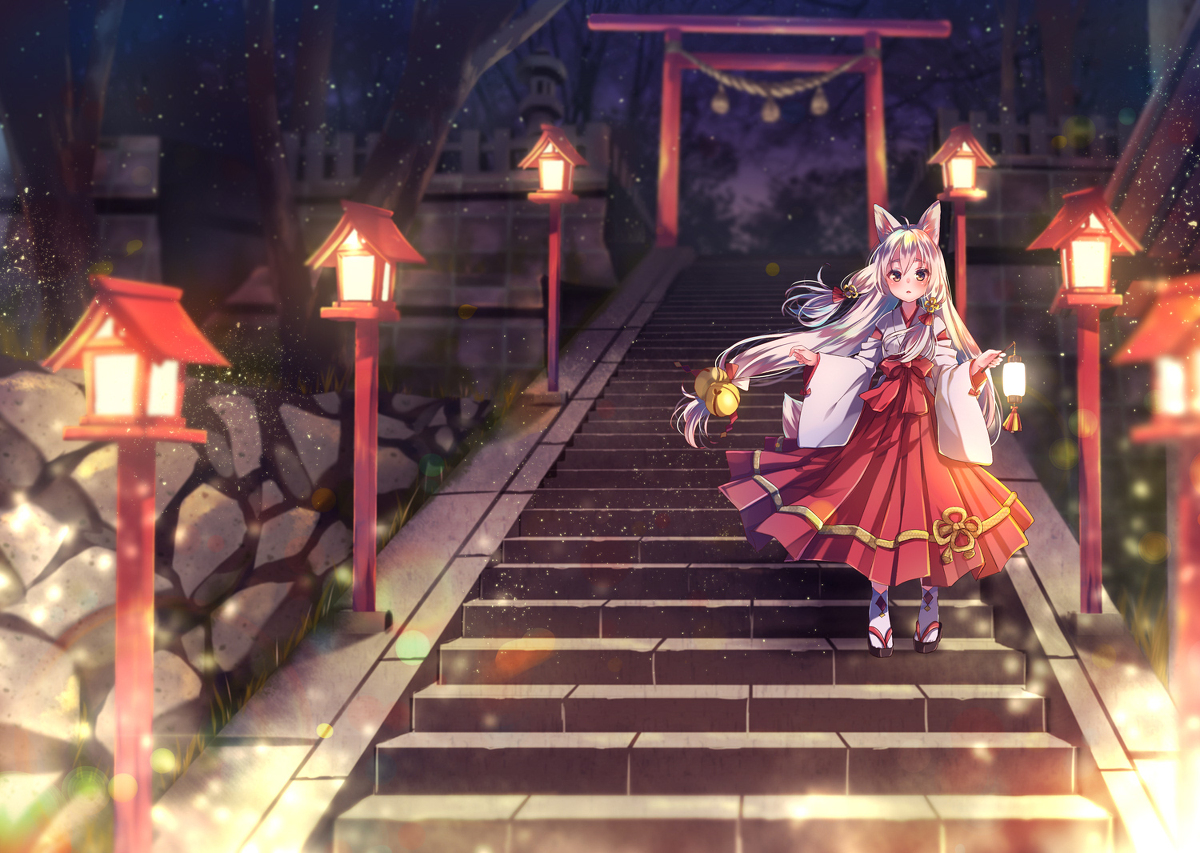 This is a pixiv picture whose title is 【 白狐神社のシロギツネさん 】.