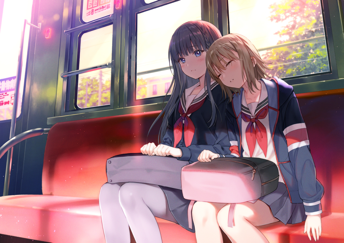 This is a pixiv picture whose title is 「あと二駅、着いてほしくない」.