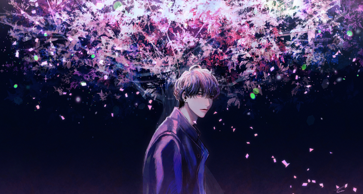 This is a pixiv picture whose title is 桜と青年.