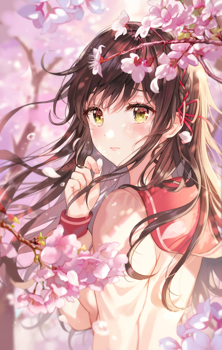 This is a pixiv picture whose title is 落ちてくる桜の花びらを.