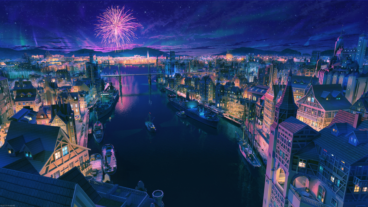 This is a pixiv picture whose title is 夜間港.