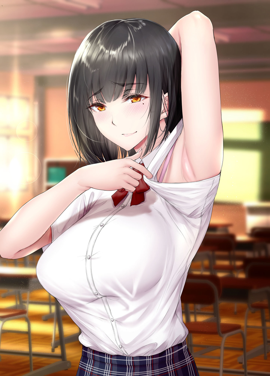 This is a pixiv picture whose title is 普段は清楚なのに二人きりになるとワキを見せて、好きな男子の動揺～.