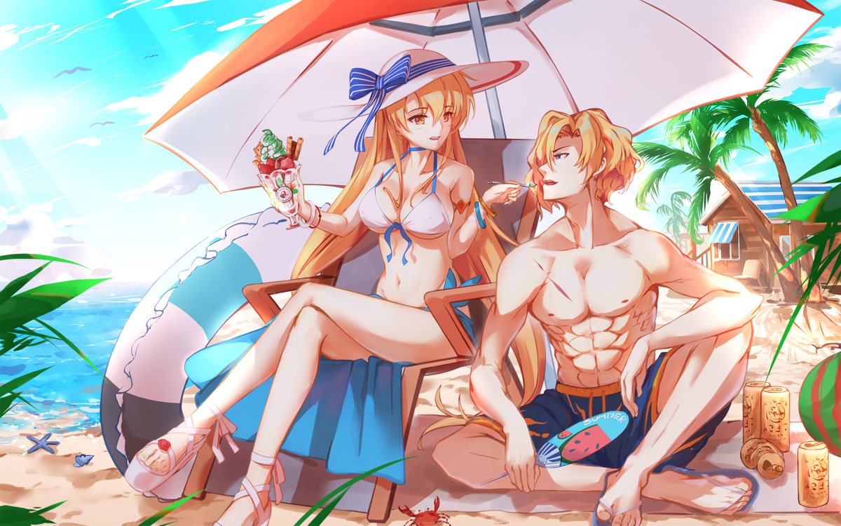 This is a pixiv picture whose title is ラーナxレオン 水着ver..