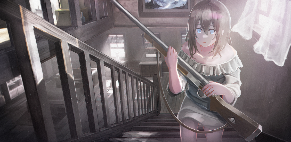 This is a pixiv picture whose title is at the top of a staircase.