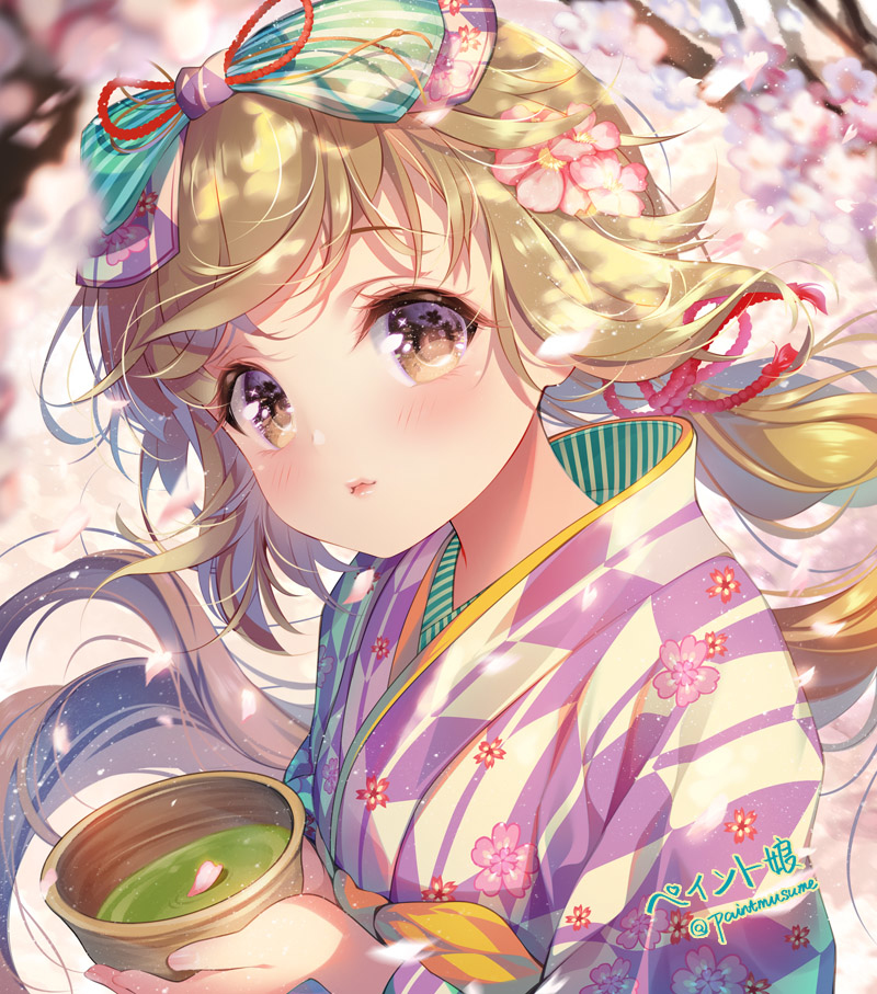 This is a pixiv picture whose title is 「桜の頃にはお茶一杯は良いでしょう」.
