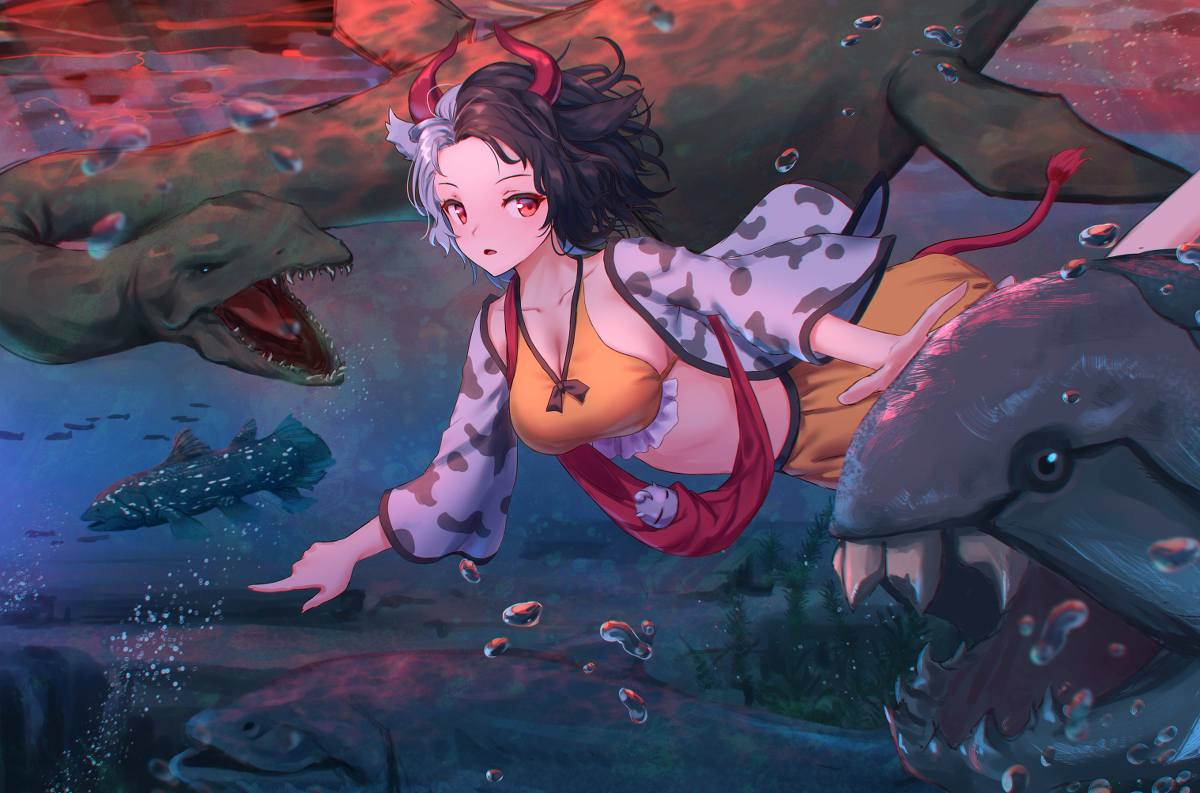 This is a pixiv picture whose title is 古代魚の子連れ番人.