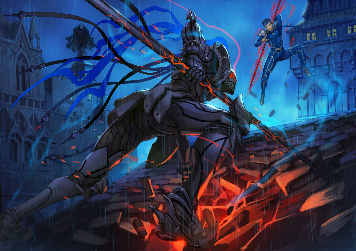 This is a pixiv picture whose title is 狂ランスロットvs槍ニキ.