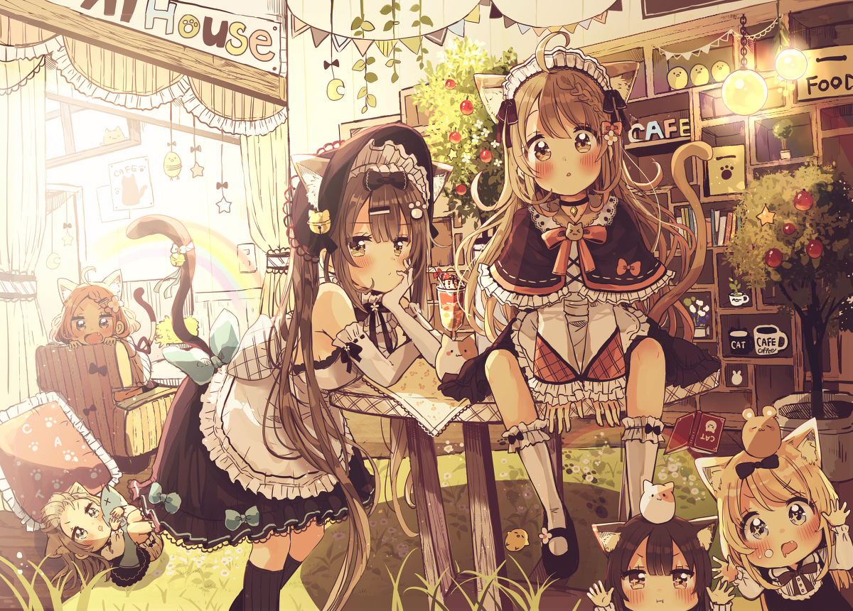 This is a pixiv picture whose title is ひみつの猫カフェ.