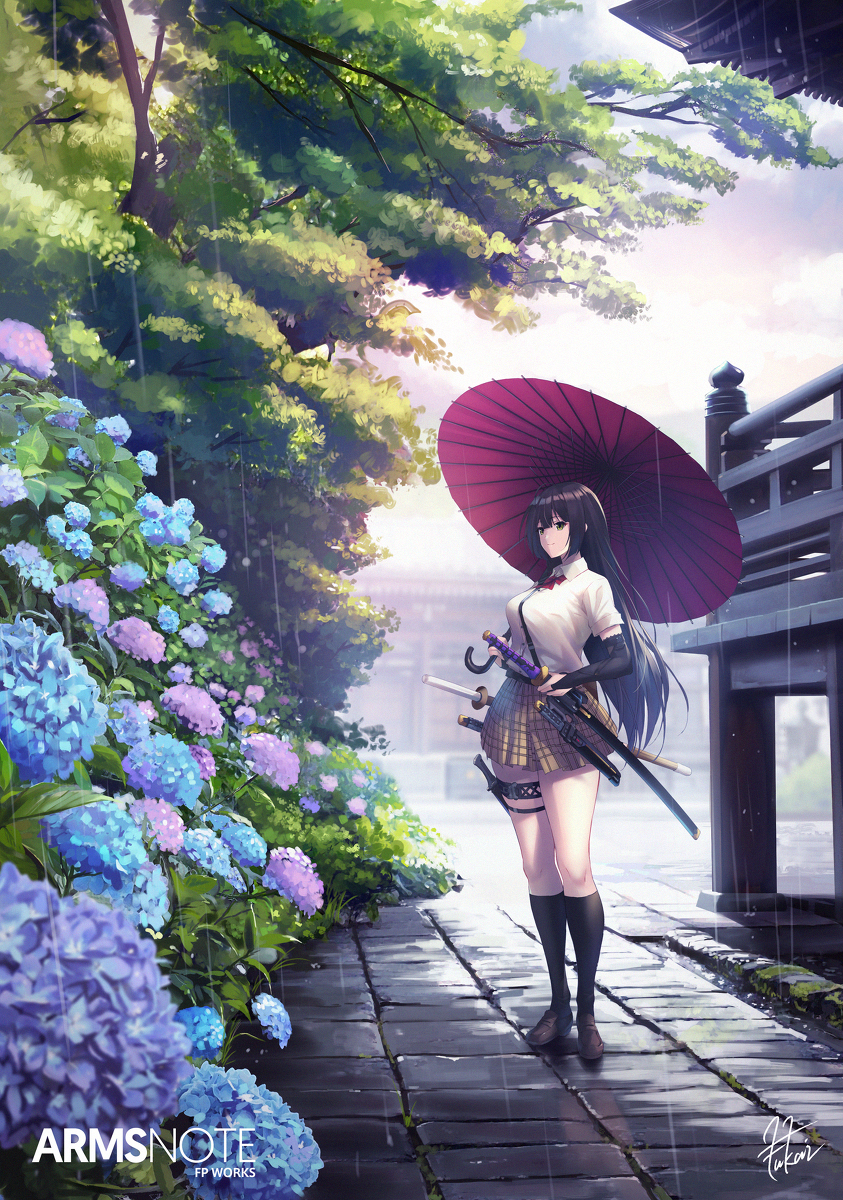 This is a pixiv picture whose title is 雨と、紫陽花と、サムライJKと。.