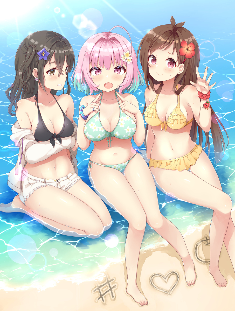 This is a pixiv picture whose title is 3人仲良く夏のおしごと.