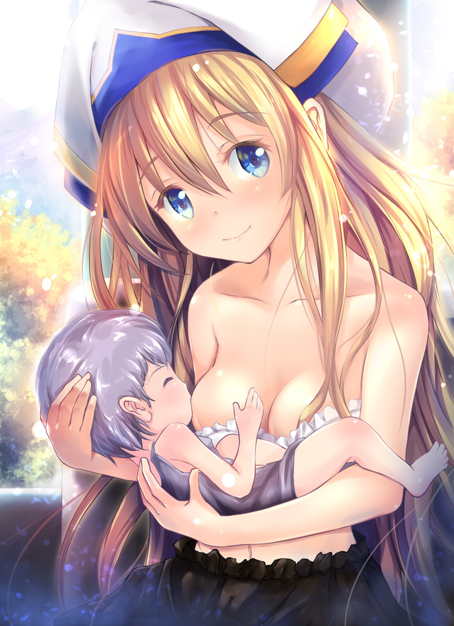 This is a pixiv picture whose title is 女神官ちゃんのいと慈悲ぶかすぎた授乳.