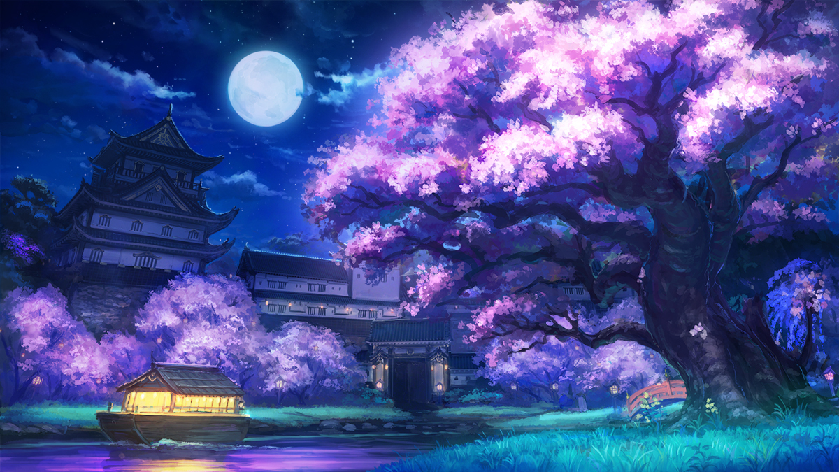This is a pixiv picture whose title is ［仕事絵］花吹雪_夜桜.