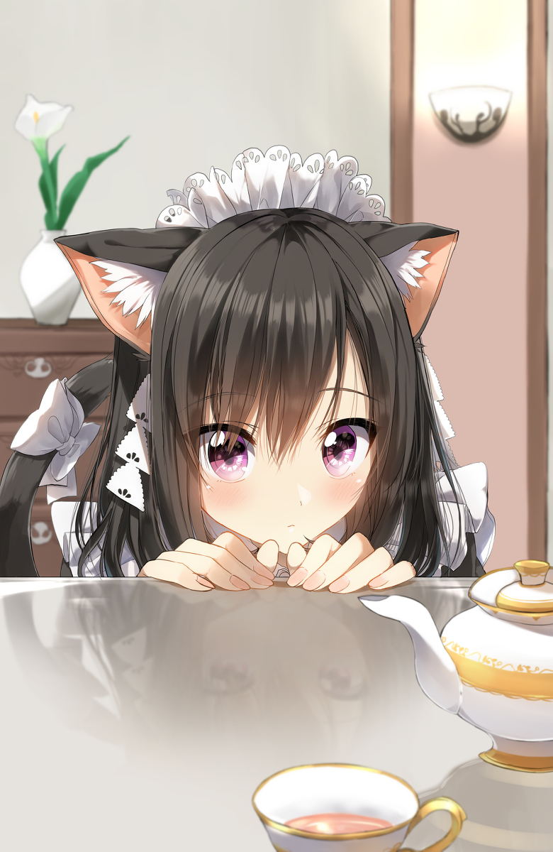 This is a pixiv picture whose title is じーっと動向を伺ってくるネコメイドさん.