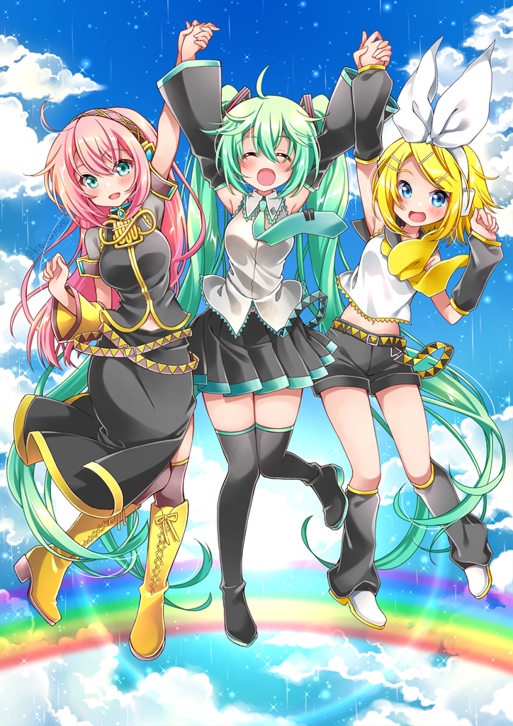 This is a pixiv picture whose title is 雨あがりの虹ジャンプ.