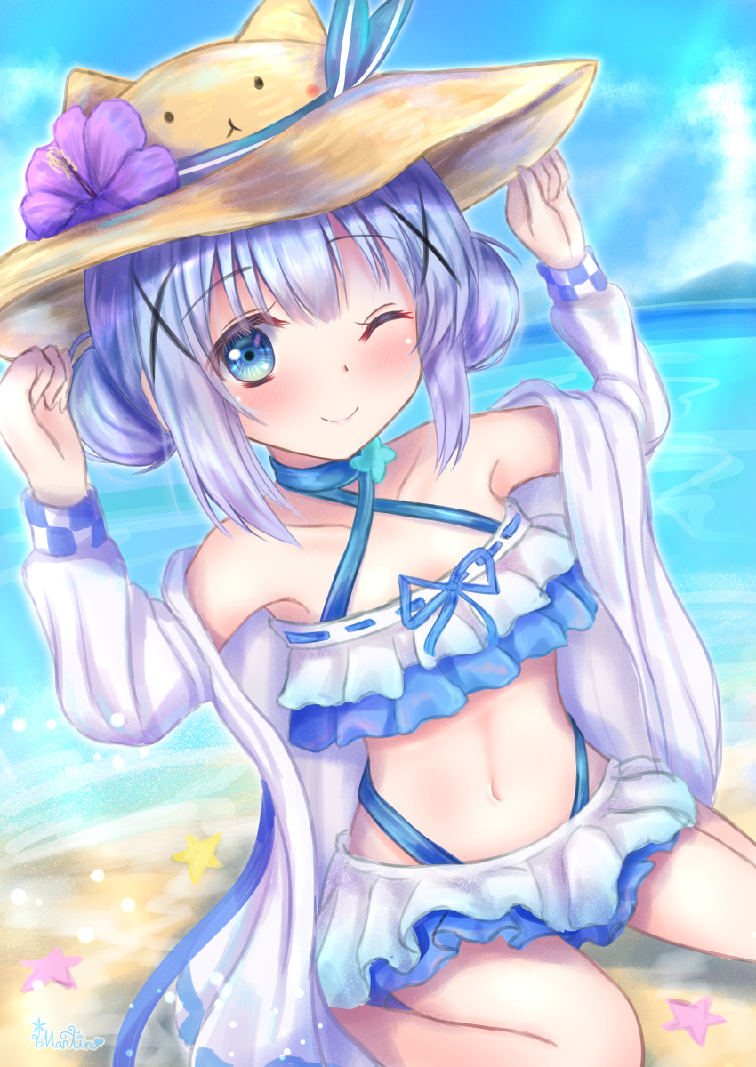 This is a pixiv picture whose title is 水着チノちゃんと海遊び.