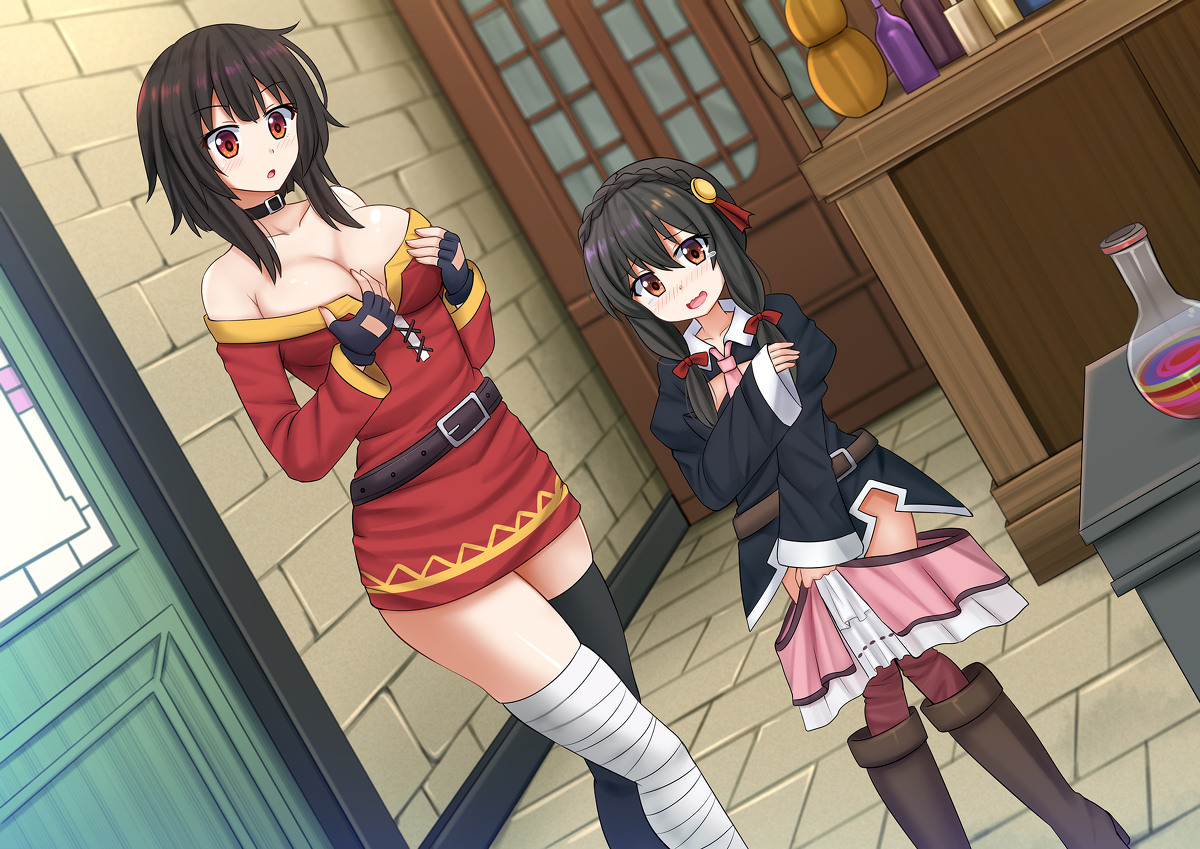 This is a pixiv picture whose title is Megumin x Yunyun.