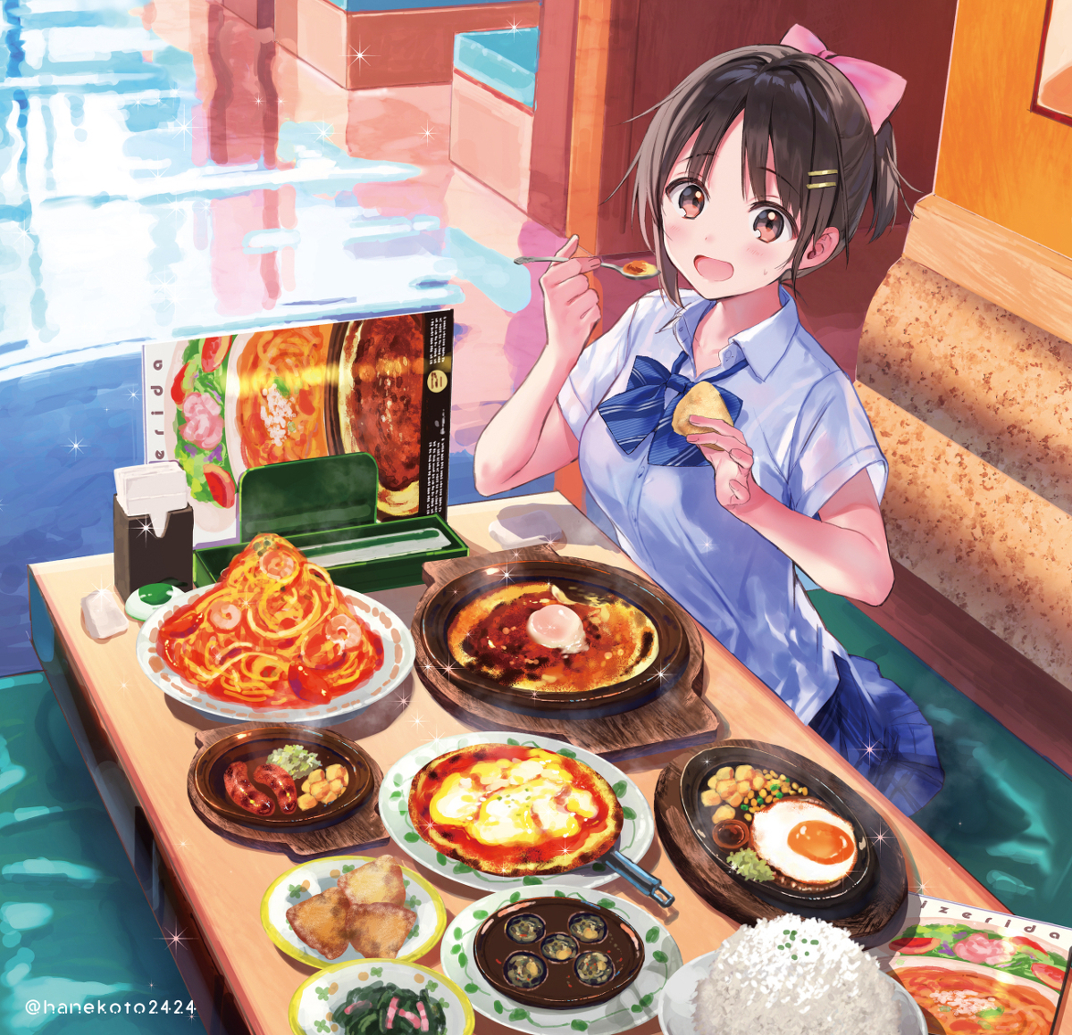 This is a pixiv picture whose title is 「ごめん；先に食べちゃった・・・」.