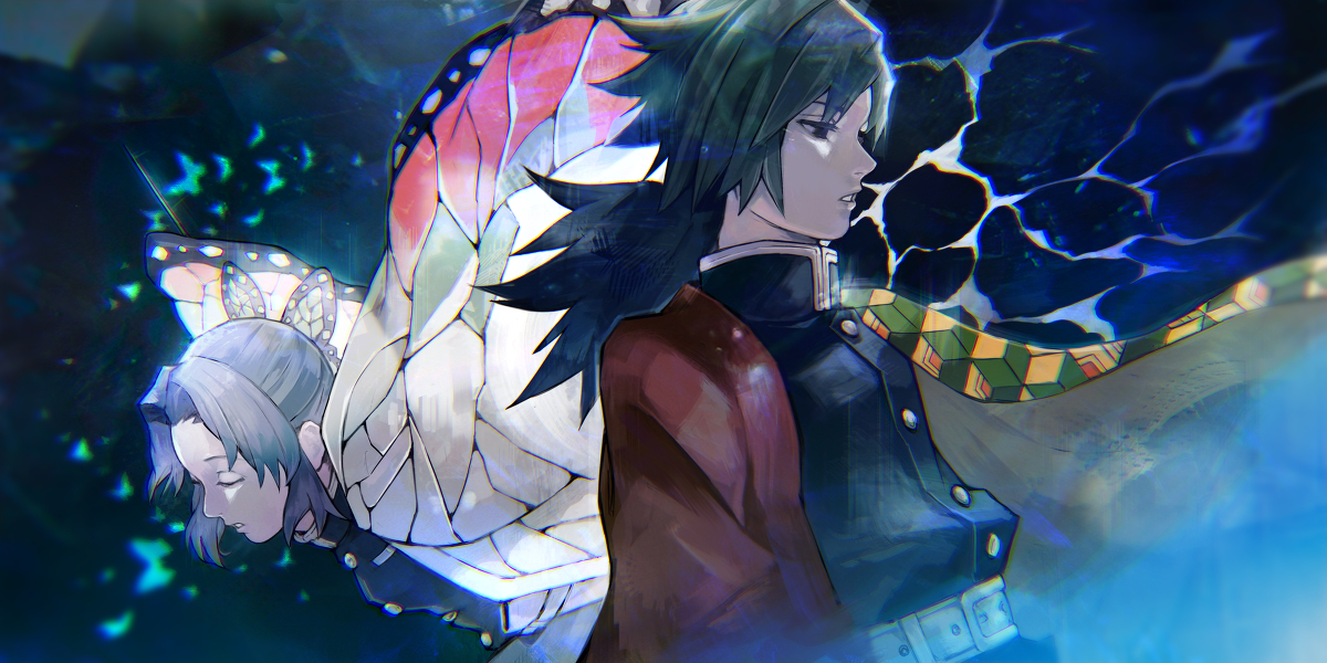 This is a pixiv picture whose title is 蟲柱　胡蝶しのぶ/水柱　冨岡義勇.