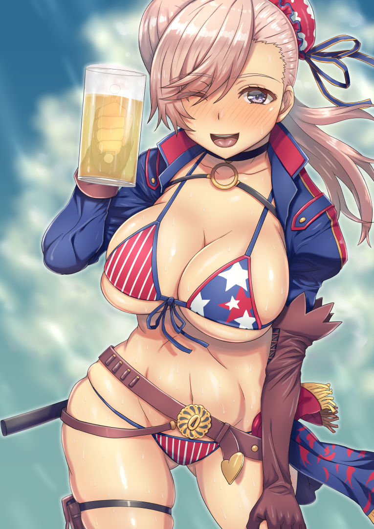 This is a pixiv picture whose title is 水着武蔵さんはビールが似合う.