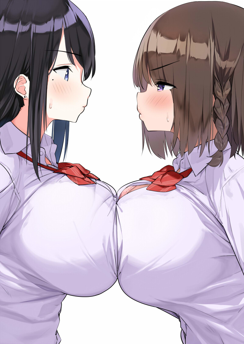 This is a pixiv picture whose title is お互いのおっぱいが大きすぎる弊害.