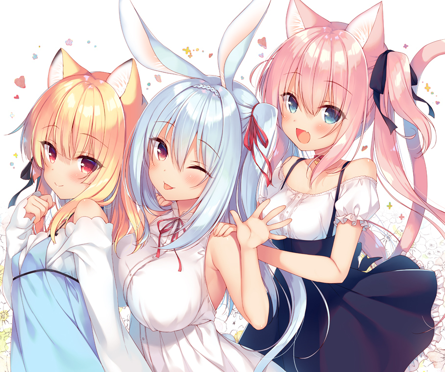 This is a pixiv picture whose title is 🦊🐰🐱❤.