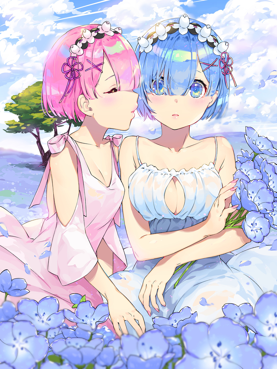 This is a pixiv picture whose title is レム と ラム (ネモフィラ).