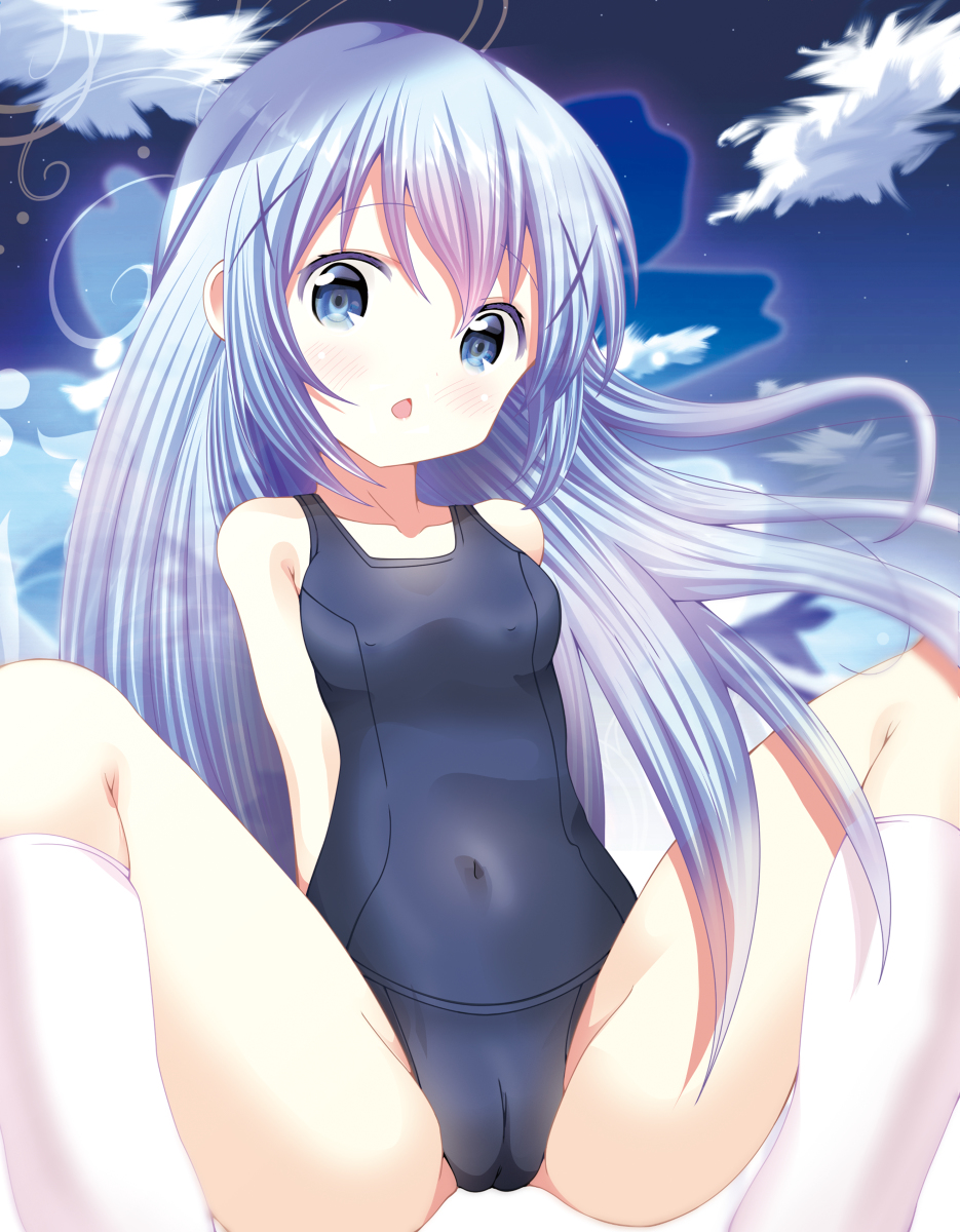 This is a pixiv picture whose title is 残暑お見舞いチノちゃん(スク水Ver..