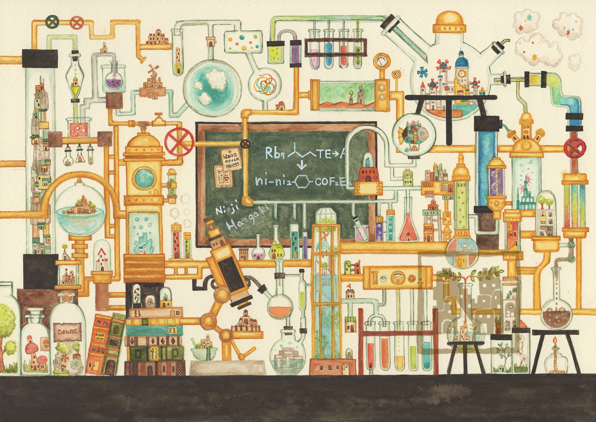 This is a pixiv picture whose title is 理科室に眠る実験道具の街.