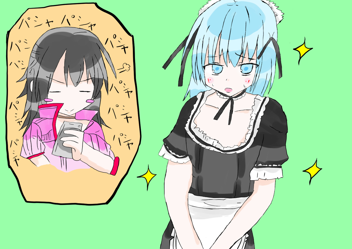 This is a pixiv picture whose title is ただ女装するエル君をぱしゃぱしゃ写真を撮るアディちゃんの図！.