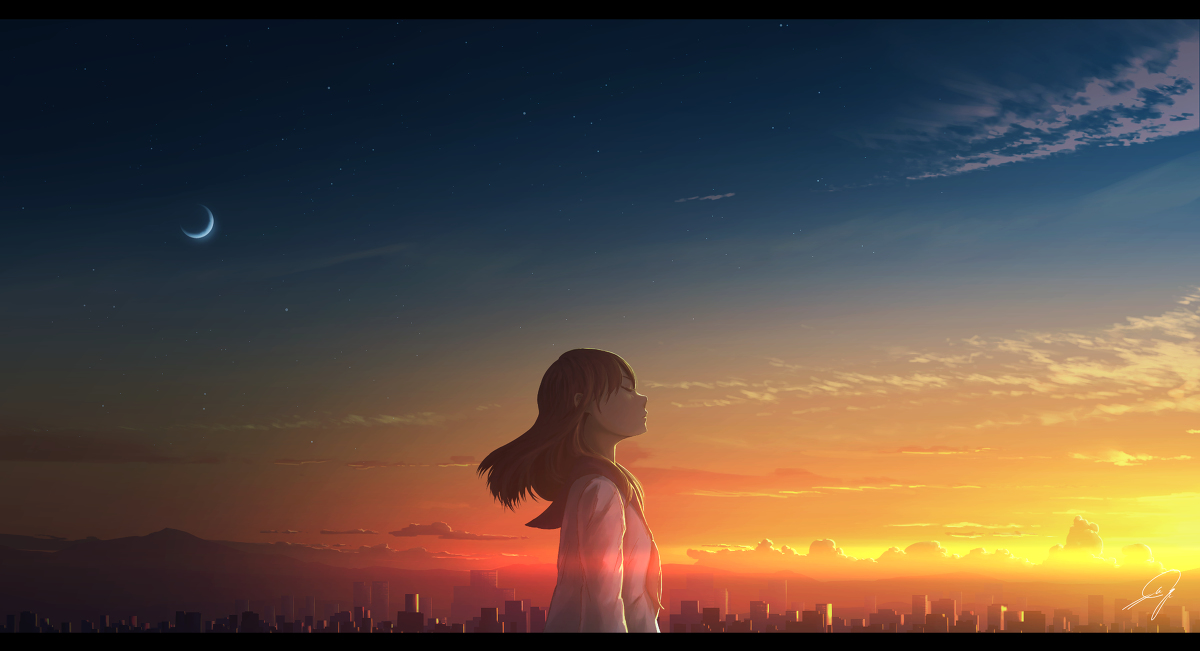 This is a pixiv picture whose title is 薄暮の終わりに.